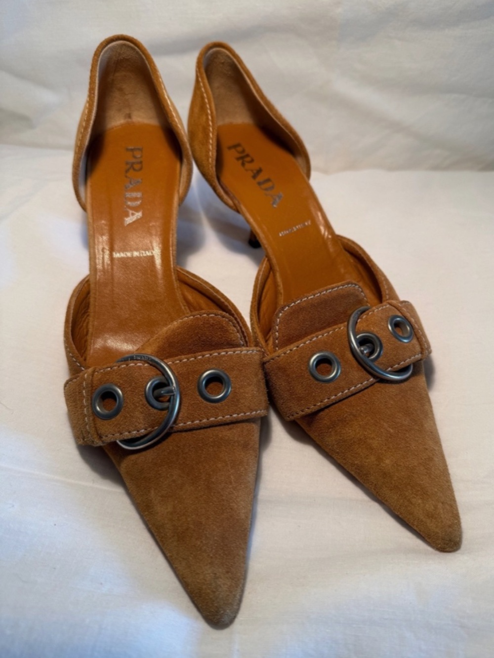 Vintage Prada S/S 2002 Brown Suede Buckle Kitten Heels Size 39 - Picture 3 of 10